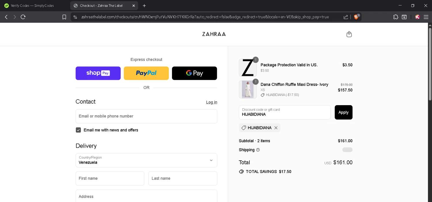 Zahraa The Label discount code screenshot showing code HIJABIDIANA applied at Zahraa The Label checkout page. Uploaded by SimplyCodes community member JosephStevens774 on Jul 23, 2025