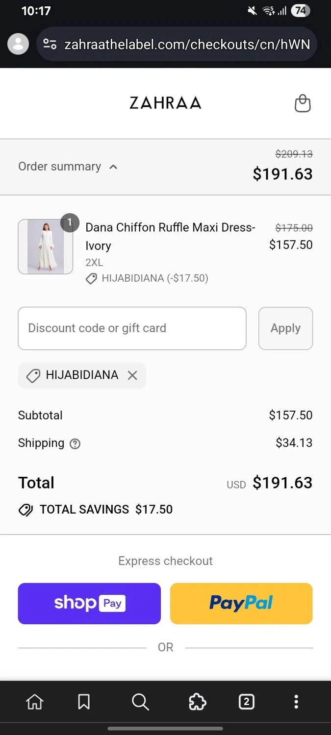 Zahraa The Label discount code screenshot showing code HIJABIDIANA applied at Zahraa The Label checkout page. Uploaded by SimplyCodes community member Willfrenny_18 on Aug 13, 2025