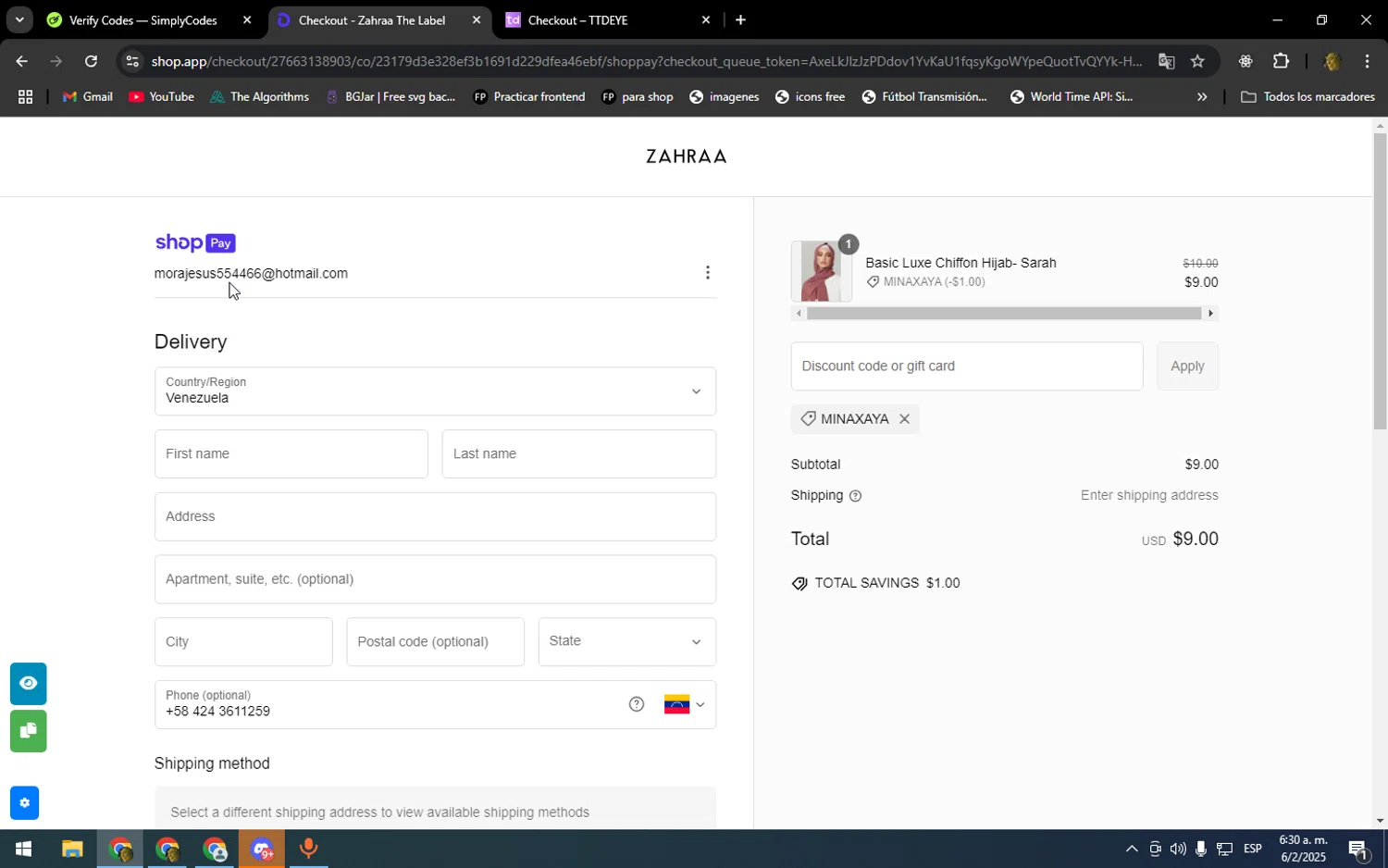 Zahraa The Label discount code screenshot showing code MINAXAYA applied at Zahraa The Label checkout page. Uploaded by SimplyCodes community member DonPollito on Feb 6, 2025