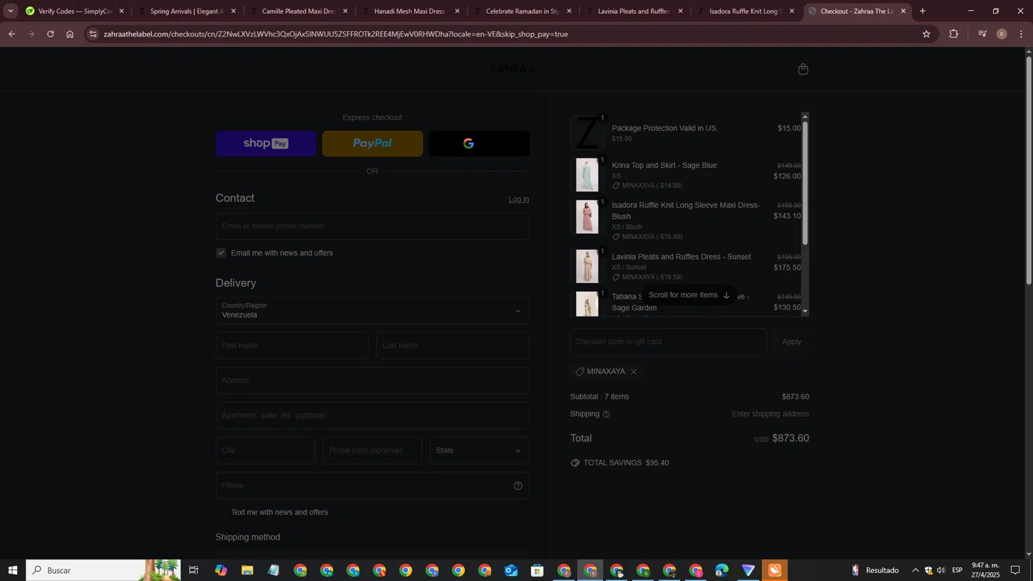 Zahraa The Label discount code screenshot showing code MINAXAYA applied at Zahraa The Label checkout page. Uploaded by SimplyCodes community member CouponLynx4375 on Apr 27, 2025