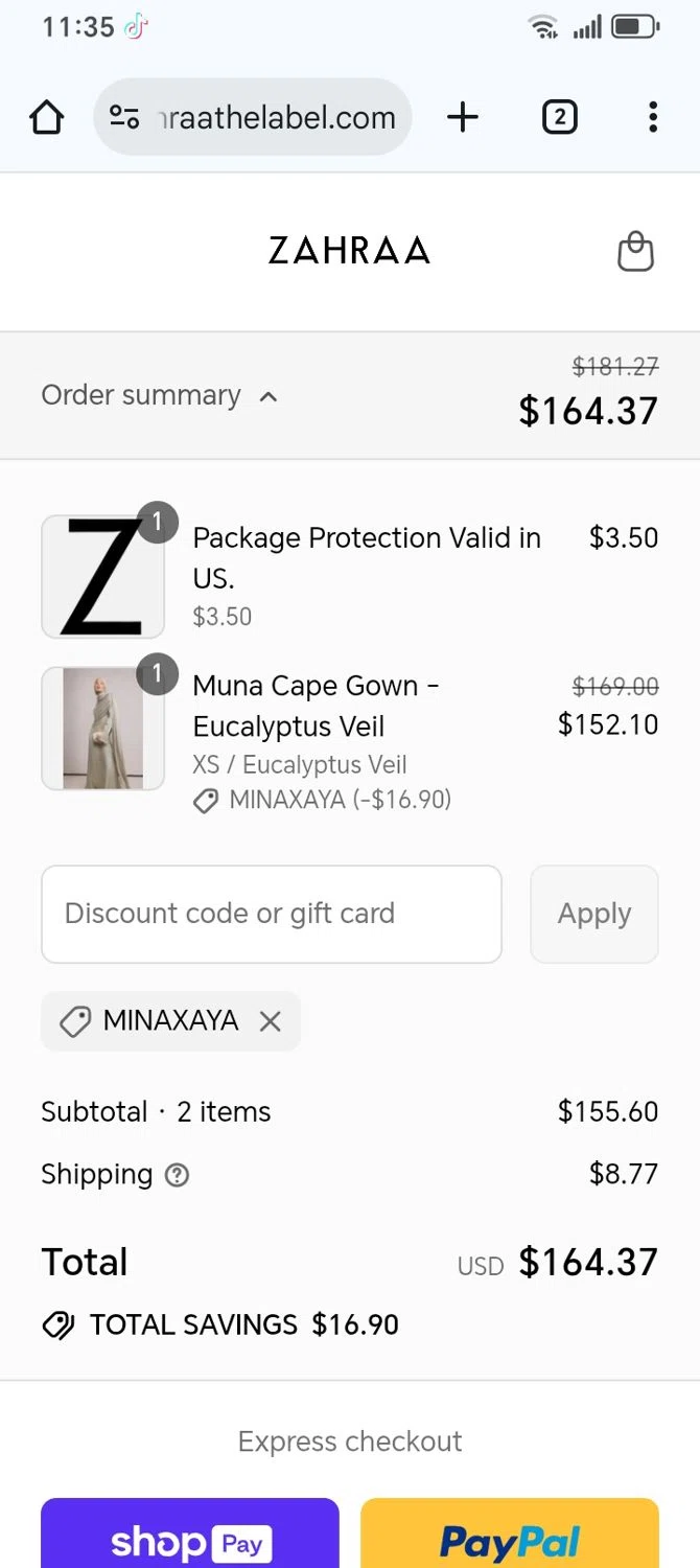 Zahraa The Label discount code screenshot showing code MINAXAYA applied at Zahraa The Label checkout page. Uploaded by SimplyCodes community member franksanchez on Aug 17, 2025