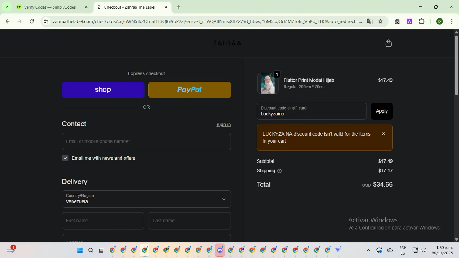 Zahraa The Label discount code screenshot showing code Luckyzaina applied at Zahraa The Label checkout page. Uploaded by SimplyCodes community member BargainGuardian5495 on Nov 30, 2025