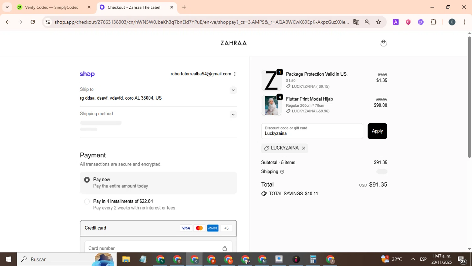 Zahraa The Label discount code screenshot showing code Luckyzaina applied at Zahraa The Label checkout page. Uploaded by SimplyCodes community member benjamnlev on Nov 20, 2025