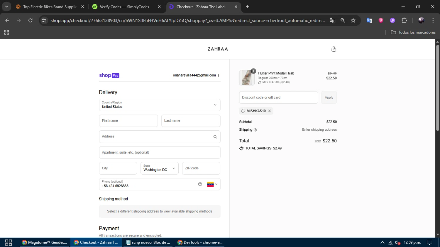 Zahraa The Label discount code screenshot showing code MISHKAS10 applied at Zahraa The Label checkout page. Uploaded by SimplyCodes community member gremirhernandez on Aug 5, 2025