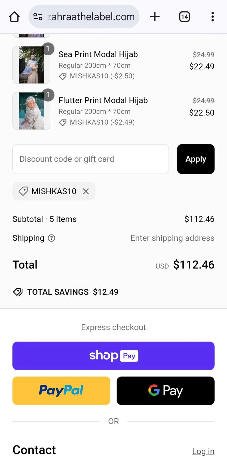Zahraa The Label discount code screenshot showing code MISHKAS10 applied at Zahraa The Label checkout page. Uploaded by SimplyCodes community member KarinaHZ on Mar 6, 2025