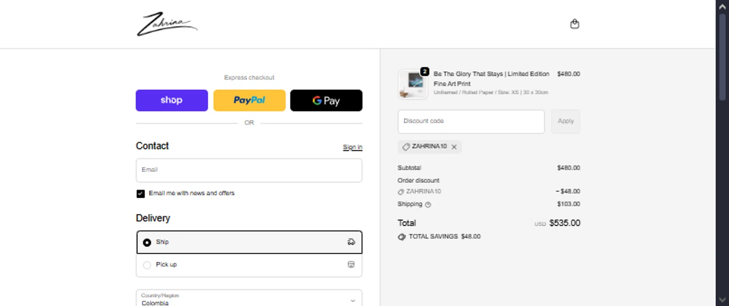 Zahrina Gallery promo code screenshot showing code ZAHRINA10 applied at Zahrina Gallery checkout page. Uploaded by SimplyCodes community member TraxoGamer on Dec 29, 2025