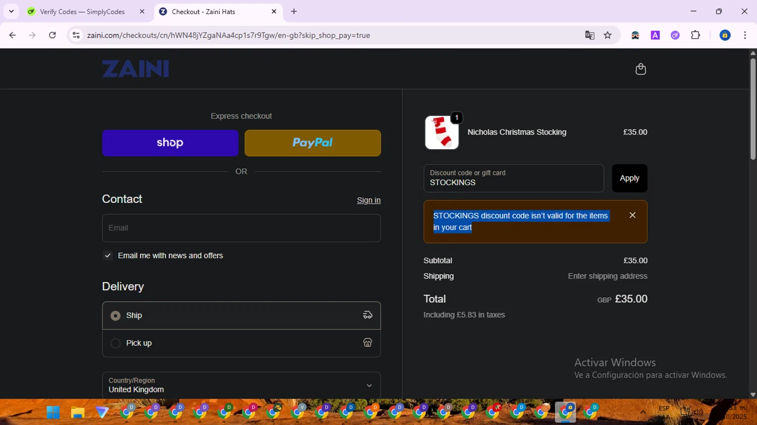 Zaini promo code screenshot showing code STOCKINGS applied at Zaini checkout page. Uploaded by SimplyCodes community member SwiftWarden6832 on Oct 15, 2025