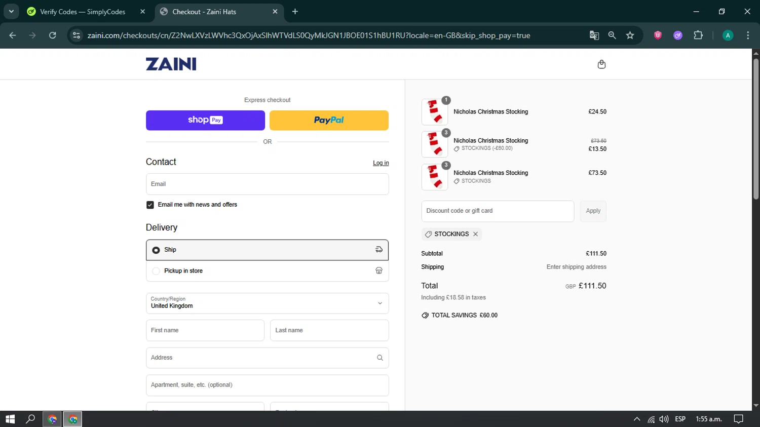 Zaini promo code screenshot showing code STOCKINGS applied at Zaini checkout page. Uploaded by SimplyCodes community member brianoconner on Jun 16, 2025