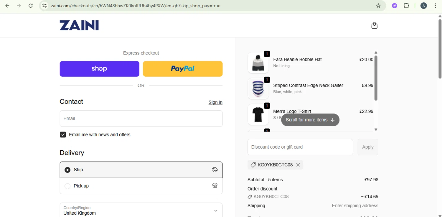 Zaini promo code screenshot showing code KG0YKB0CTC08 applied at Zaini checkout page. Uploaded by SimplyCodes community member SaleSentinel7319 on Oct 15, 2025