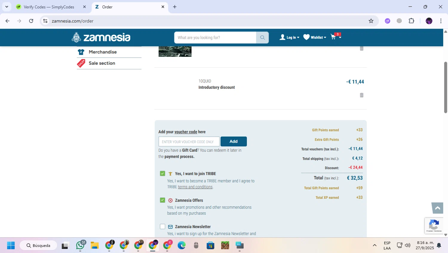 Zamnesia discount code screenshot showing code 10QUID applied at Zamnesia checkout page. Uploaded by SimplyCodes community member GloriousGuardian9063 on Sep 27, 2025