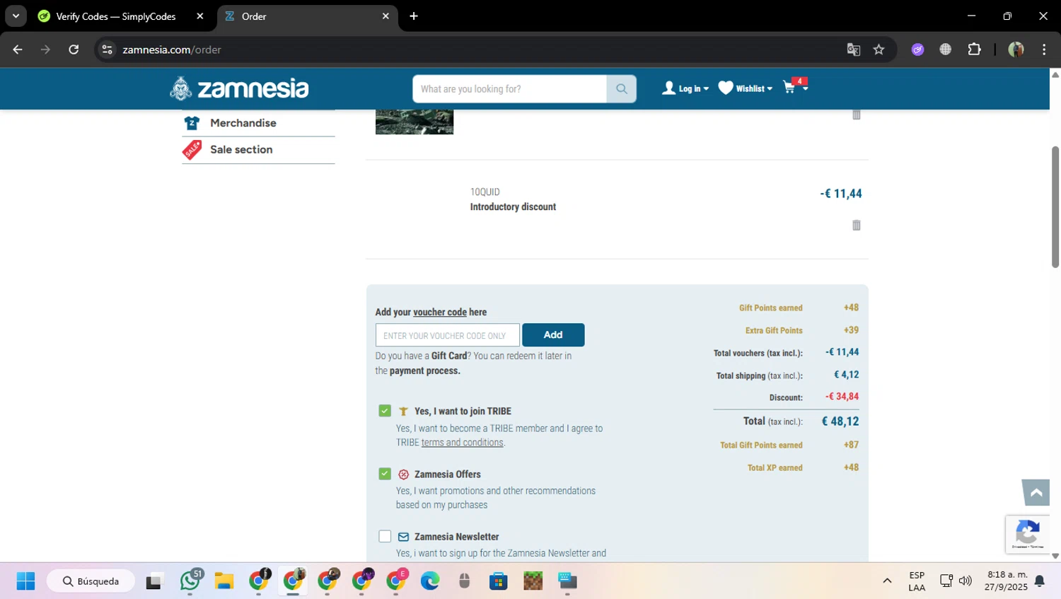Zamnesia discount code screenshot showing code 10QUID applied at Zamnesia checkout page. Uploaded by SimplyCodes community member MoneySentinel7597 on Sep 27, 2025
