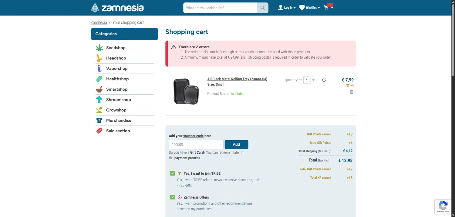 Zamnesia discount code screenshot showing code 10QUID applied at Zamnesia checkout page. Uploaded by SimplyCodes community member VoucherVirtuoso5207 on Nov 3, 2025