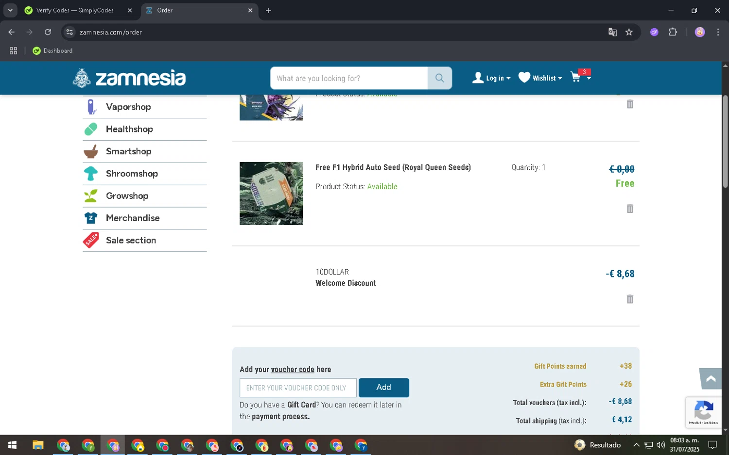 Zamnesia discount code screenshot showing code 10DOLLAR applied at Zamnesia checkout page. Uploaded by SimplyCodes community member ExtraordinaryExpert2592 on Jul 31, 2025