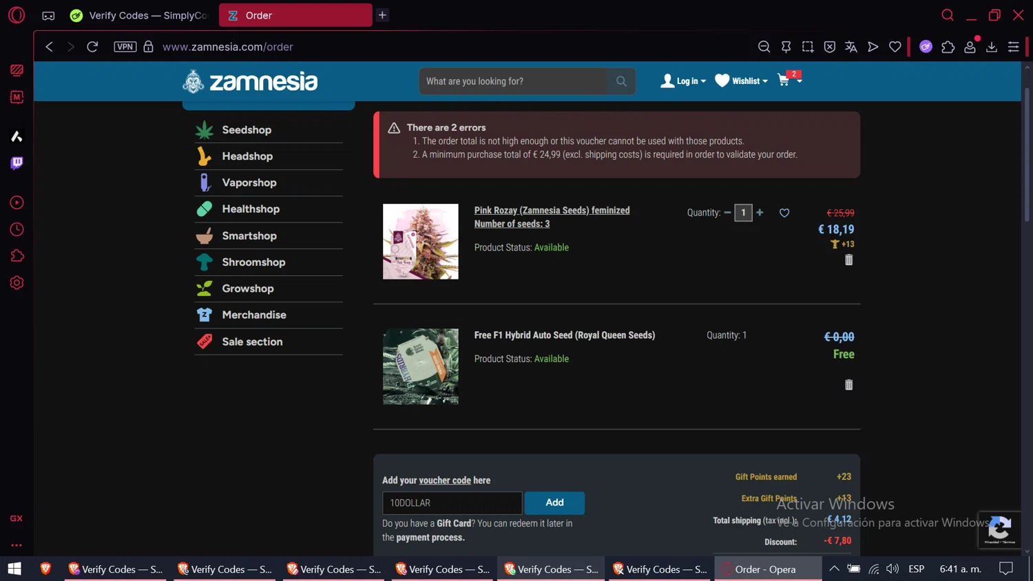 Zamnesia discount code screenshot showing code 10DOLLAR applied at Zamnesia checkout page. Uploaded by SimplyCodes community member SwiftLynx6587 on Nov 24, 2025
