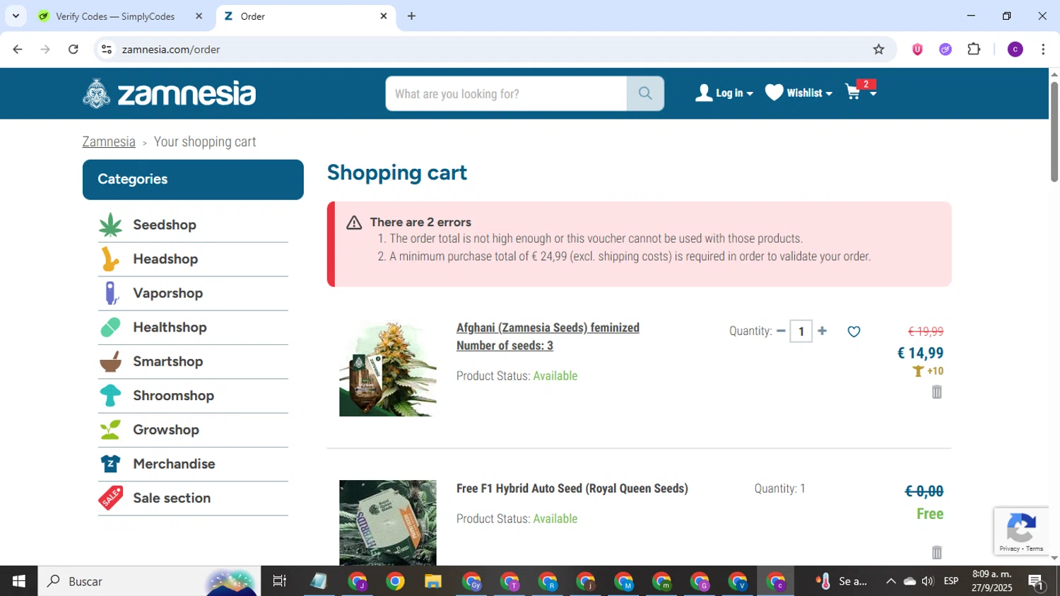 Zamnesia discount code screenshot showing code 10DOLLAR applied at Zamnesia checkout page. Uploaded by SimplyCodes community member Jorge24 on Sep 27, 2025