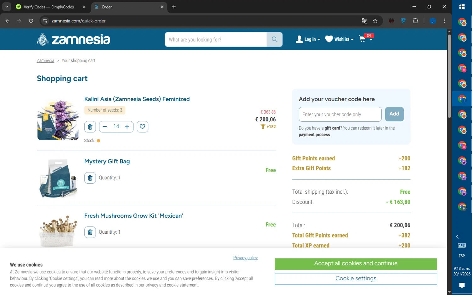 Zamnesia checkout page showing Zamnesia discount code box | Screenshot taken by SimplyCodes community member on Jan 30, 2026