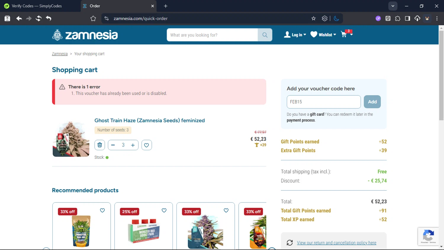 Zamnesia discount code screenshot showing code FEB15 applied at Zamnesia checkout page. Uploaded by SimplyCodes community member BrilliantTitan6909 on Feb 13, 2026