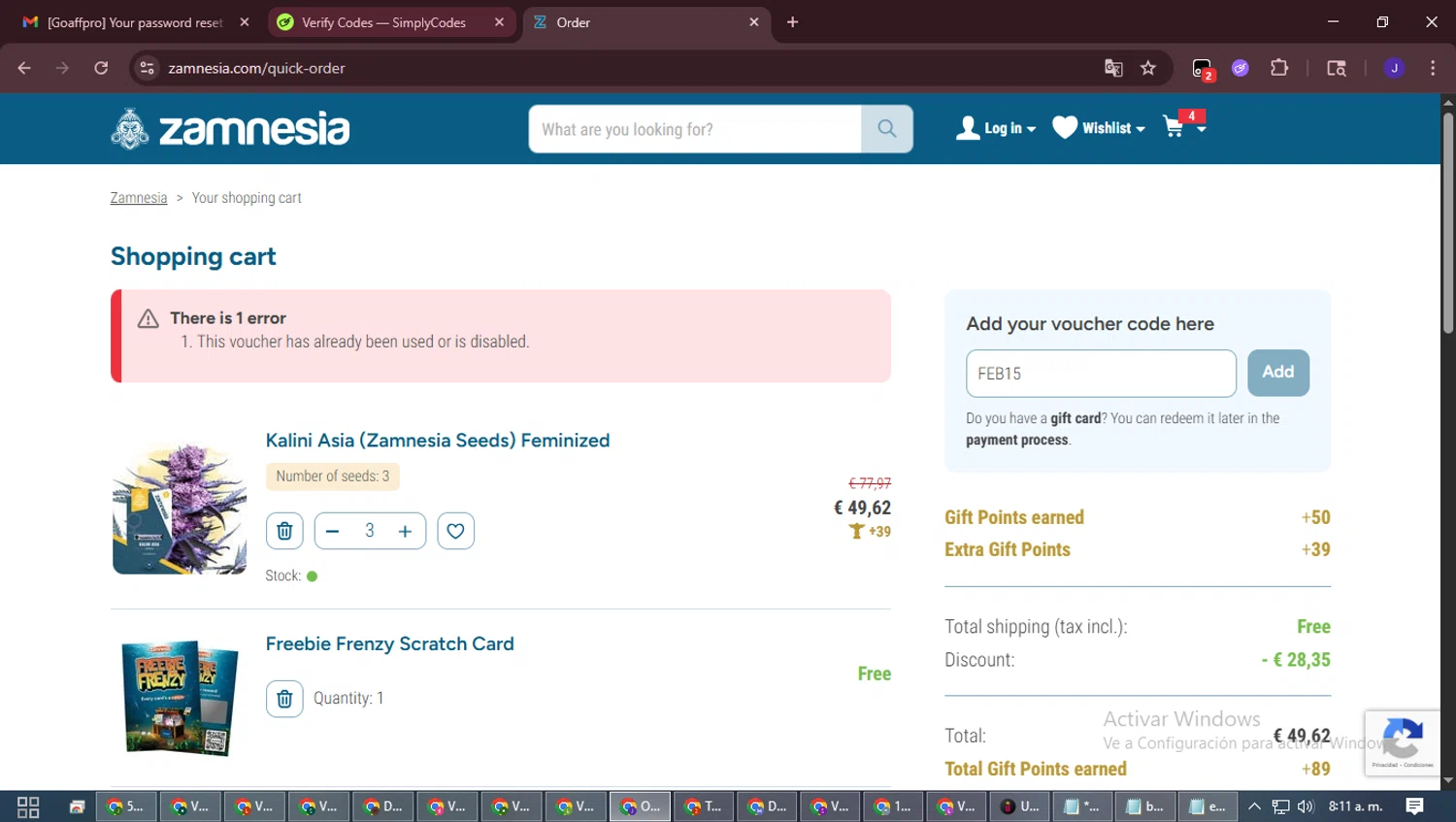 Zamnesia checkout page showing Zamnesia discount code box | Screenshot taken by SimplyCodes community member on Feb 10, 2026