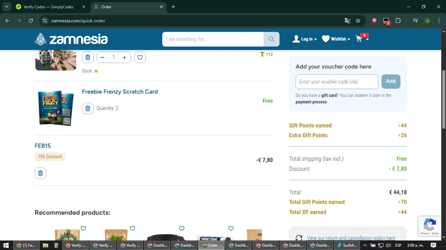 Zamnesia discount code screenshot showing code FEB15 applied at Zamnesia checkout page. Uploaded by SimplyCodes community member ShieldFinder369 on Feb 7, 2026