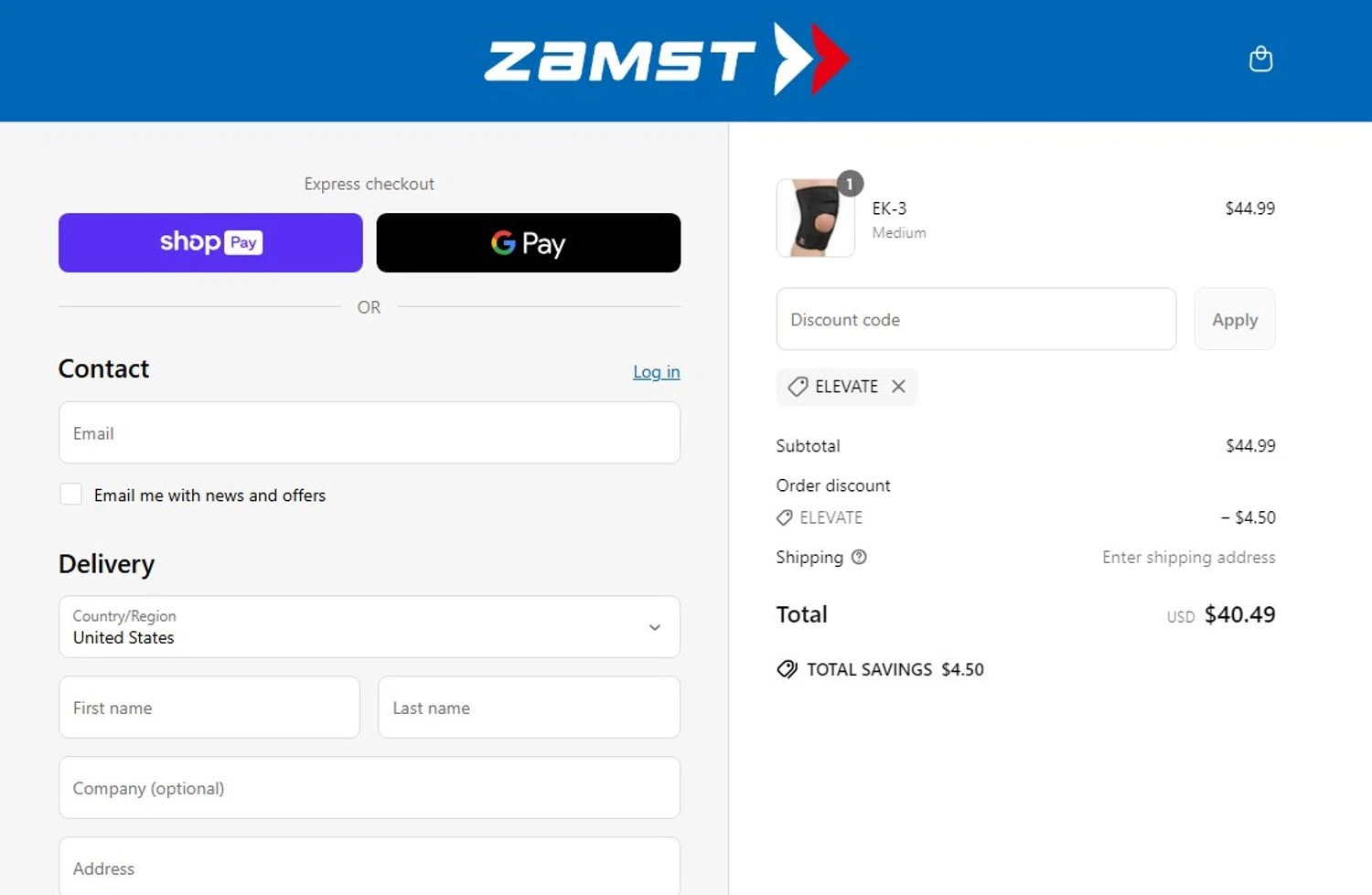 Zamst discount code screenshot showing code ELEVATE applied at Zamst checkout page. Uploaded by SimplyCodes community member angelfigueroa2008 on Jun 26, 2025