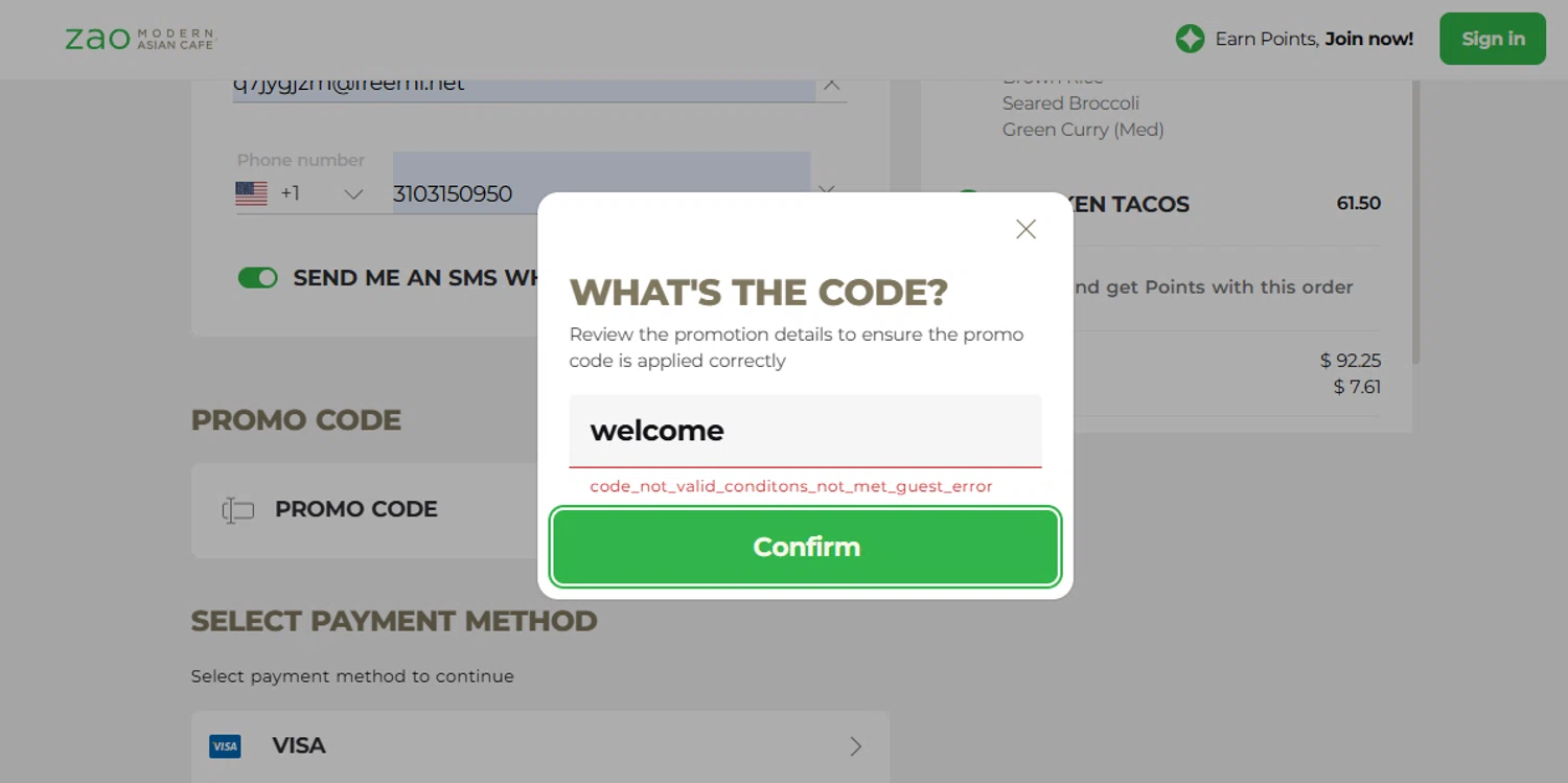 Zao Asian Cafe promo code screenshot showing code welcome applied at Zao Asian Cafe checkout page. Uploaded by SimplyCodes community member SimplyCVerlie on Feb 27, 2025
