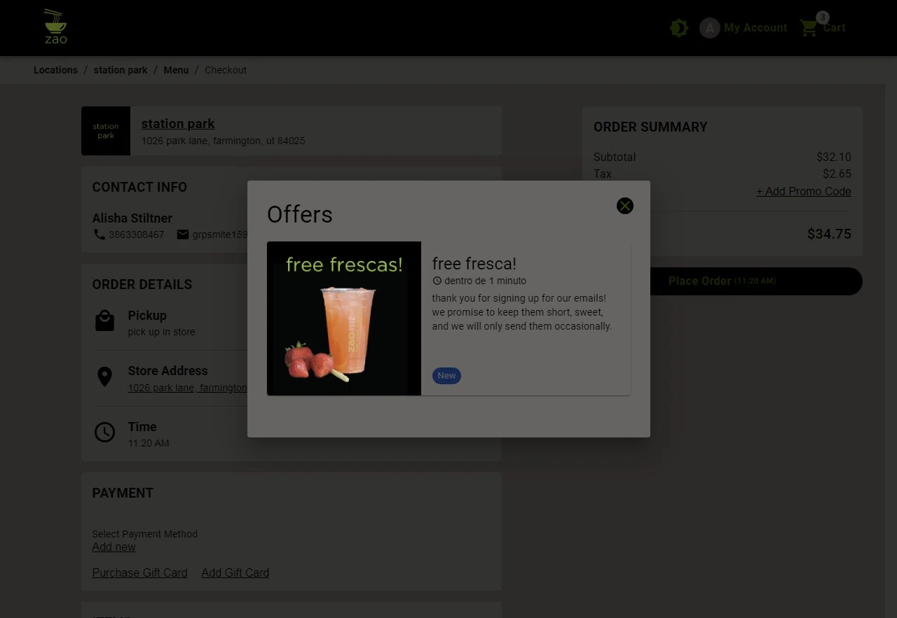 Zao Asian Cafe checkout page showing Zao Asian Cafe promo code box | Screenshot taken by SimplyCodes community member on Dec 26, 2022