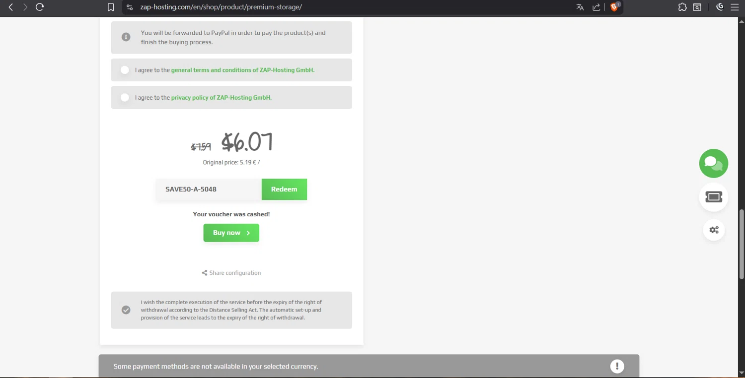 ZAP-Hosting checkout page showing ZAP-Hosting promo code box | Screenshot taken by SimplyCodes community member on Jul 27, 2025