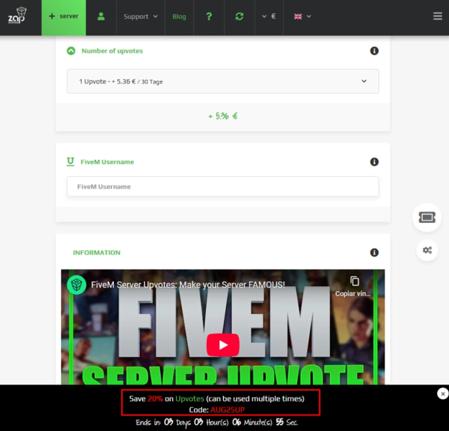 ZAP-Hosting checkout page showing ZAP-Hosting promo code box | Screenshot taken by SimplyCodes community member on Aug 12, 2025