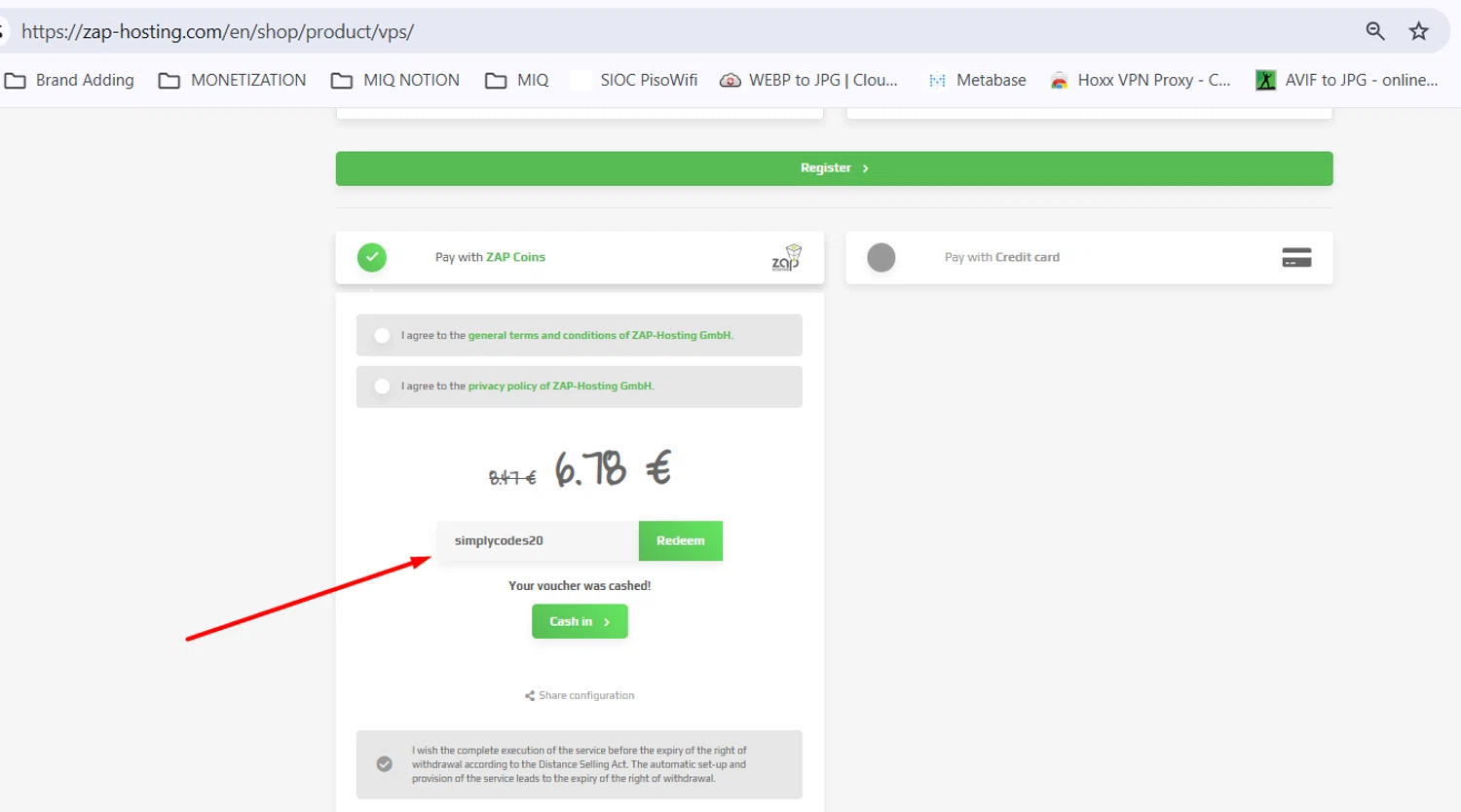 ZAP-Hosting promo code screenshot showing code simplycodes20 applied at ZAP-Hosting checkout page. Uploaded by SimplyCodes community member CouponWarden4757 on Aug 28, 2025