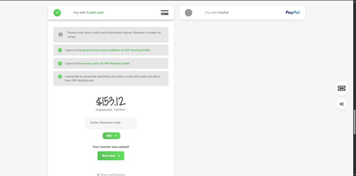 ZAP-Hosting promo code screenshot showing code MXC applied at ZAP-Hosting checkout page. Uploaded by SimplyCodes community member Depressive on Nov 15, 2025