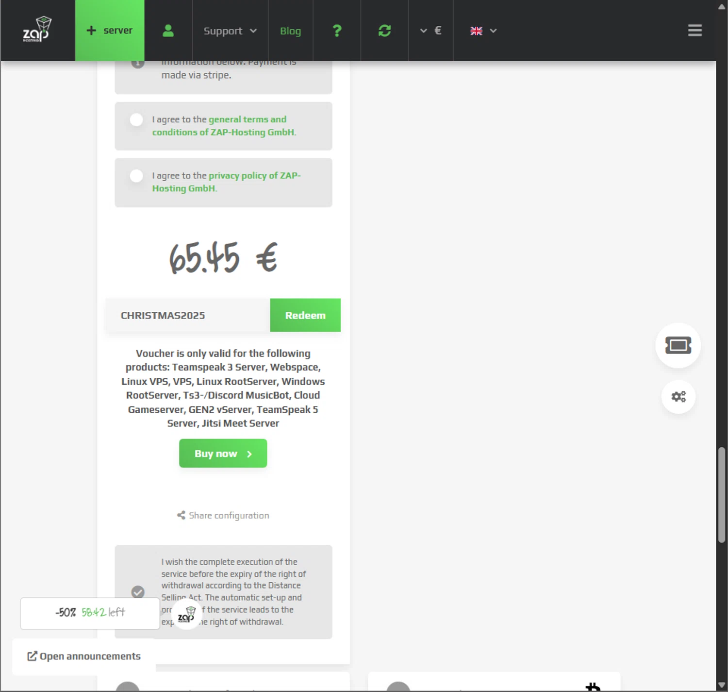 ZAP-Hosting promo code screenshot showing code CHRISTMAS2025 applied at ZAP-Hosting checkout page. Uploaded by SimplyCodes community member PillarsofCreation on Dec 24, 2025