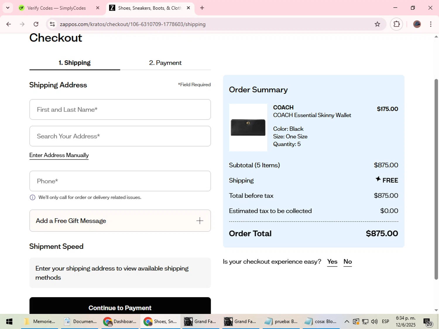 Zappos promo code screenshot showing code 1224 yaqc applied at Zappos checkout page. Uploaded by SimplyCodes community member Rowan18 on Jun 12, 2025