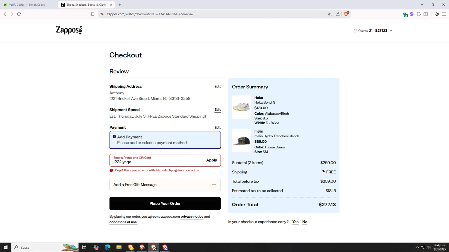 Zappos promo code screenshot showing code 1224yaqc applied at Zappos checkout page. Uploaded by SimplyCodes community member VictoriousDefender7352 on Jun 28, 2025