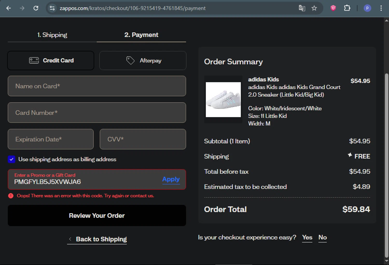 Zappos promo code screenshot showing code PMGFYLB5J5XVWJA6 applied at Zappos checkout page. Uploaded by SimplyCodes community member DealAce9542 on Jun 28, 2025