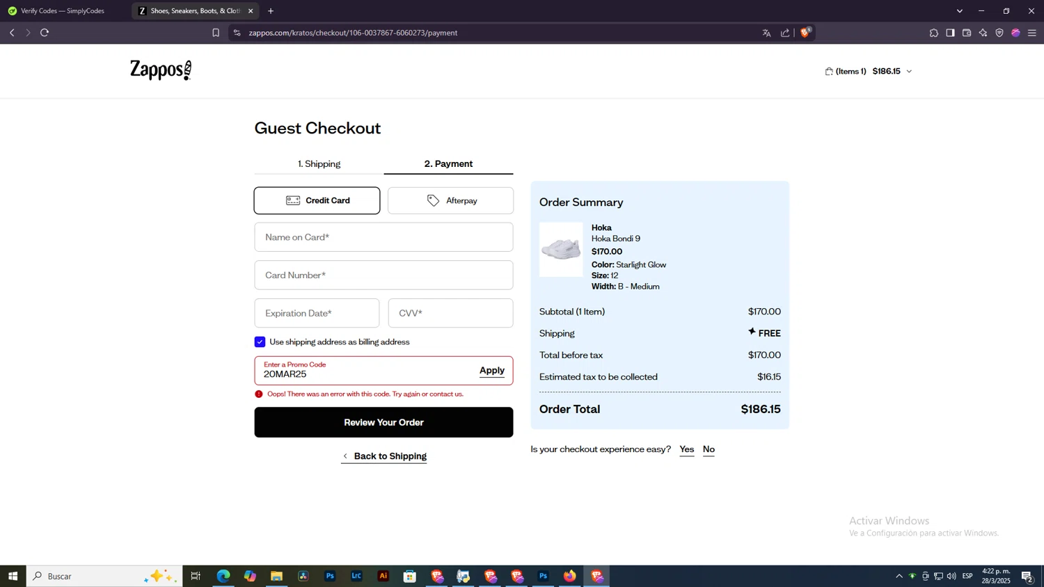 Zappos promo code screenshot showing code 20MAR25 applied at Zappos checkout page. Uploaded by SimplyCodes community member SilverSentinel7889 on Mar 28, 2025