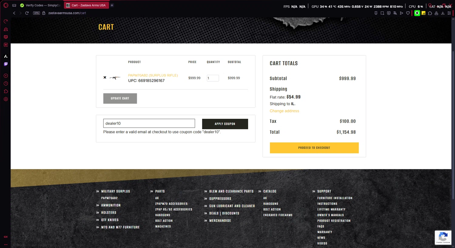 Zastava Arms USA promo code screenshot showing code dealer10 applied at Zastava Arms USA checkout page. Uploaded by SimplyCodes community member Chris_bumstead on Sep 23, 2025