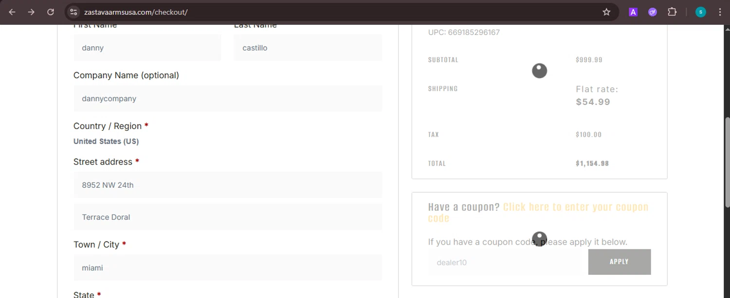 Zastava Arms USA promo code screenshot showing code dealer10 applied at Zastava Arms USA checkout page. Uploaded by SimplyCodes community member ValiantChaser7723 on Oct 9, 2025