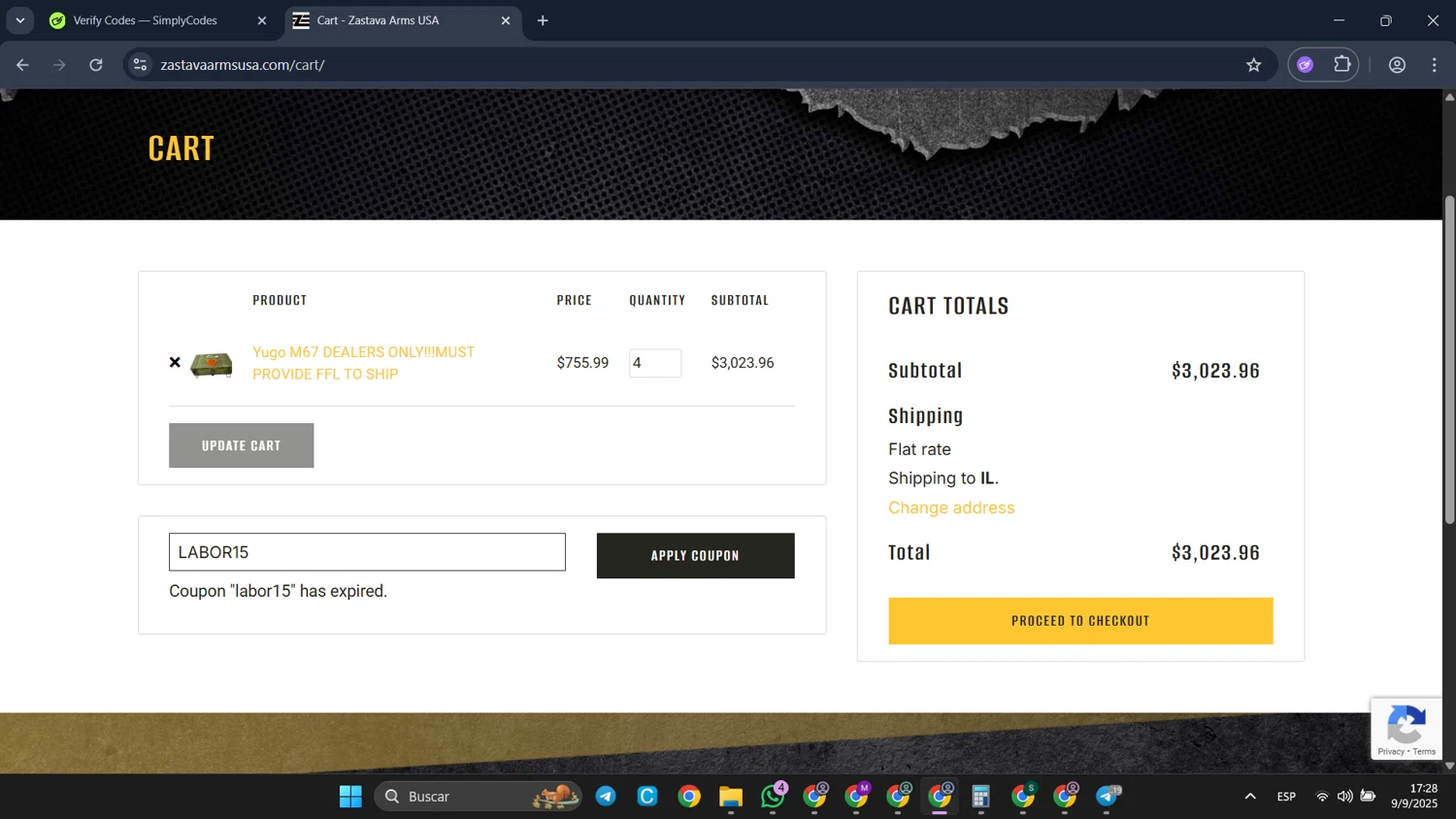 Zastava Arms USA promo code screenshot showing code LABOR15 applied at Zastava Arms USA checkout page. Uploaded by SimplyCodes community member CleverFalcon6244 on Sep 9, 2025