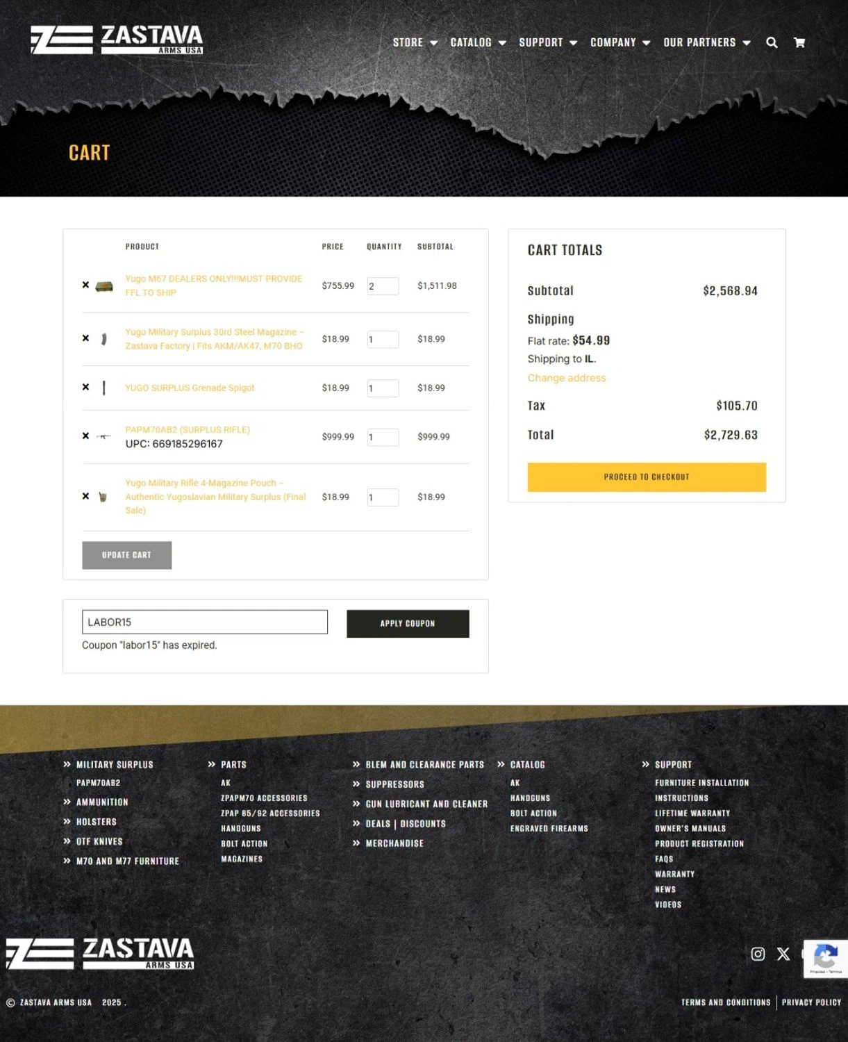 Zastava Arms USA promo code screenshot showing code LABOR15 applied at Zastava Arms USA checkout page. Uploaded by SimplyCodes community member FortunateShopper8827 on Sep 9, 2025