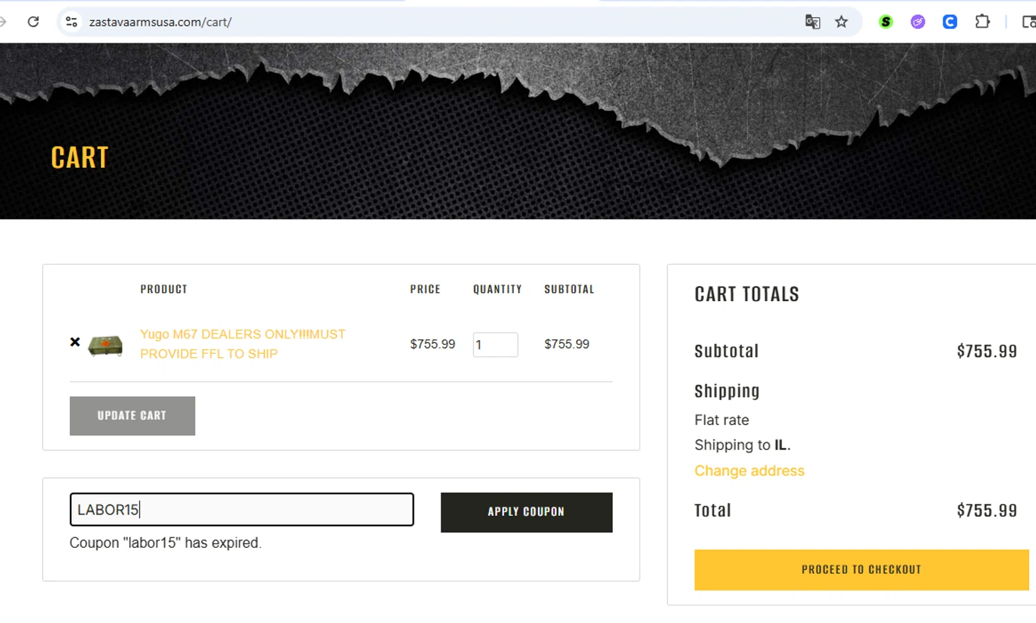 Zastava Arms USA promo code screenshot showing code LABOR15 applied at Zastava Arms USA checkout page. Uploaded by SimplyCodes community member SavvyCurator5307 on Sep 9, 2025