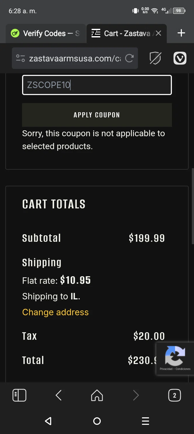 Zastava Arms USA promo code screenshot showing code ZSCOPE10 applied at Zastava Arms USA checkout page. Uploaded by SimplyCodes community member CarmenVGR on Jun 9, 2025