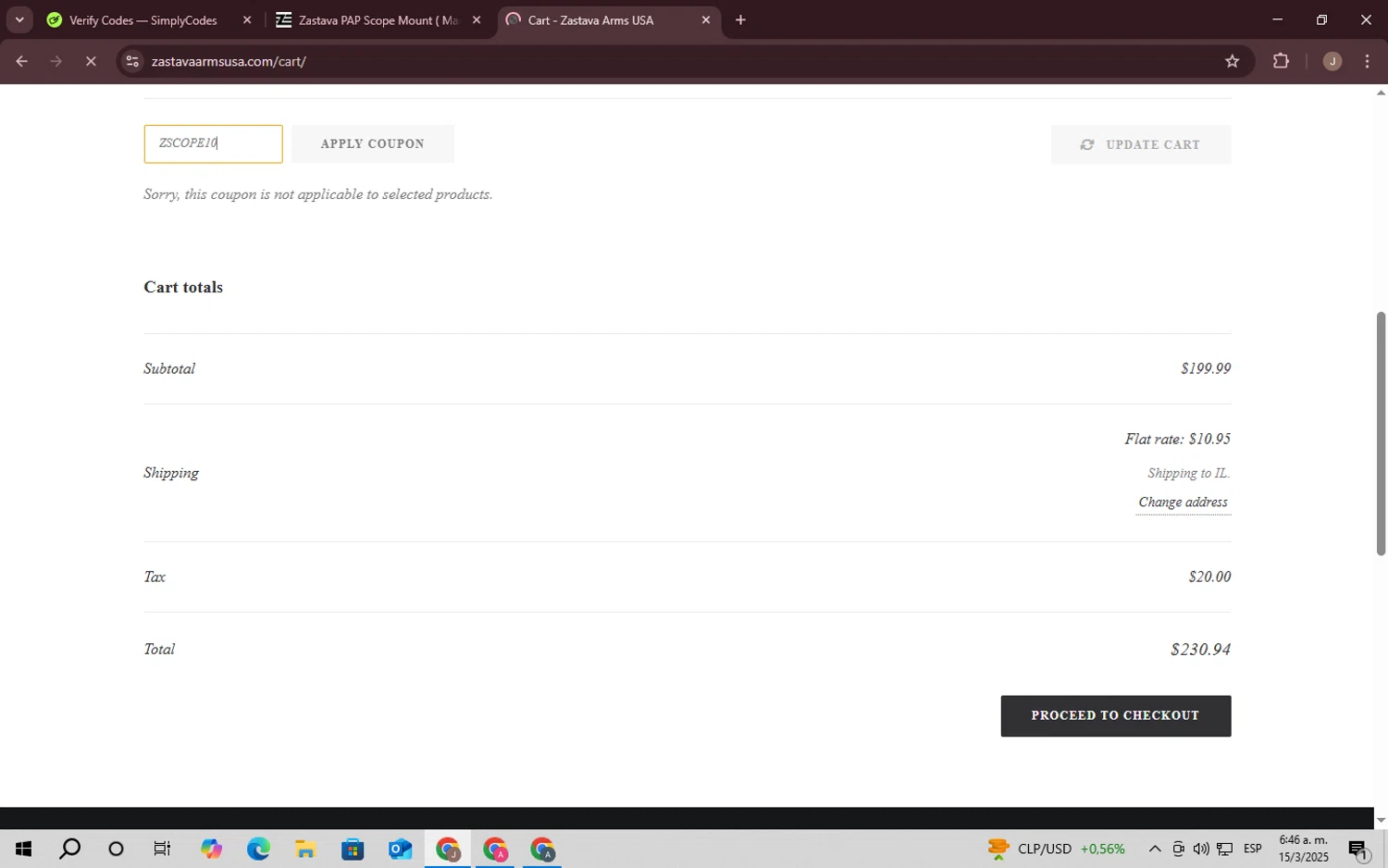 Zastava Arms USA checkout page showing Zastava Arms USA promo code box | Screenshot taken by SimplyCodes community member on Mar 15, 2025