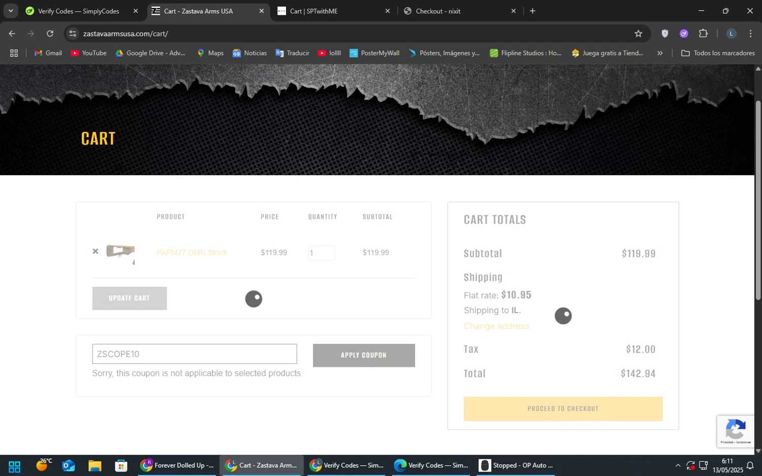 Zastava Arms USA promo code screenshot showing code ZSCOPE10 applied at Zastava Arms USA checkout page. Uploaded by SimplyCodes community member SoyLuis on May 13, 2025