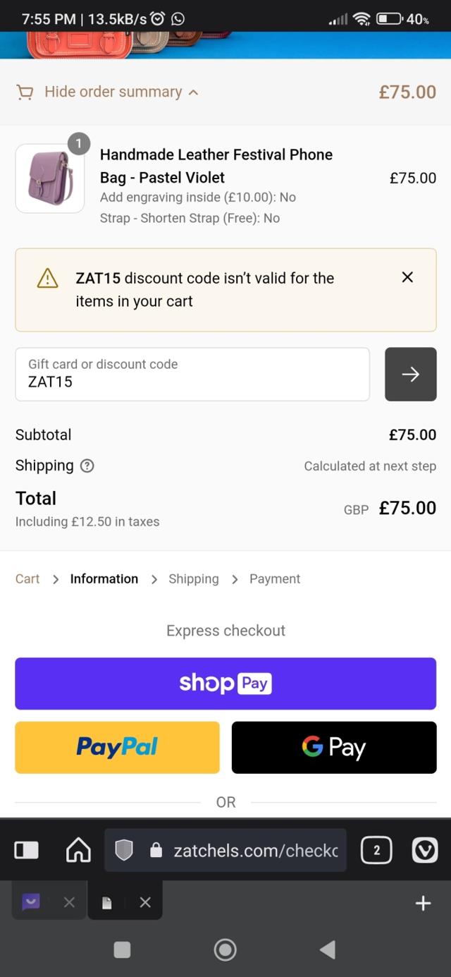 Zatchels checkout page showing Zatchels promo code box | Screenshot taken by SimplyCodes community member on May 31, 2023