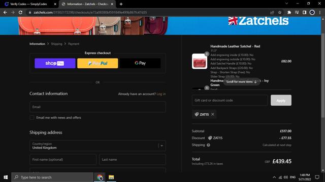 Zatchels checkout page showing Zatchels promo code box | Screenshot taken by SimplyCodes community member on May 21, 2022