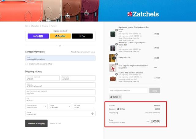 Zatchels checkout page showing Zatchels promo code box | Screenshot taken by SimplyCodes community member on Apr 24, 2022