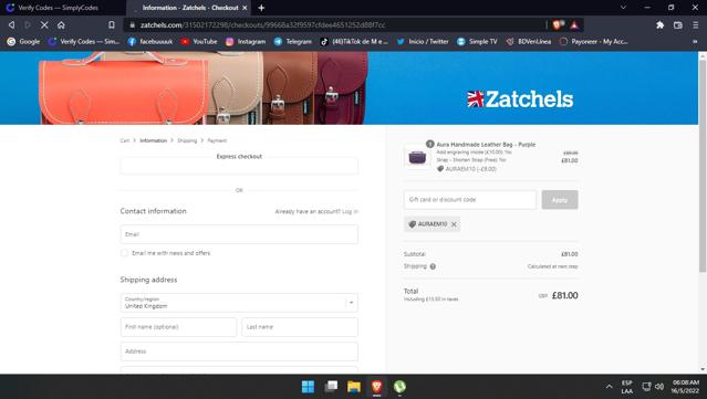 Zatchels checkout page showing Zatchels promo code box | Screenshot taken by SimplyCodes community member on May 16, 2022