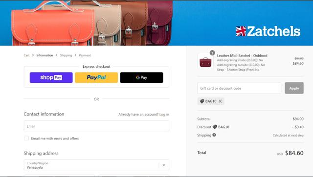 Zatchels checkout page showing Zatchels promo code box | Screenshot taken by SimplyCodes community member on Dec 1, 2022