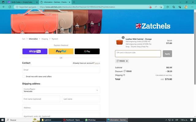 Zatchels checkout page showing Zatchels promo code box | Screenshot taken by SimplyCodes community member on May 27, 2023