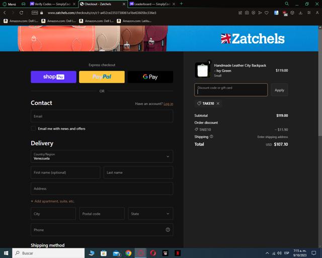 Zatchels checkout page showing Zatchels promo code box | Screenshot taken by SimplyCodes community member on Oct 9, 2023